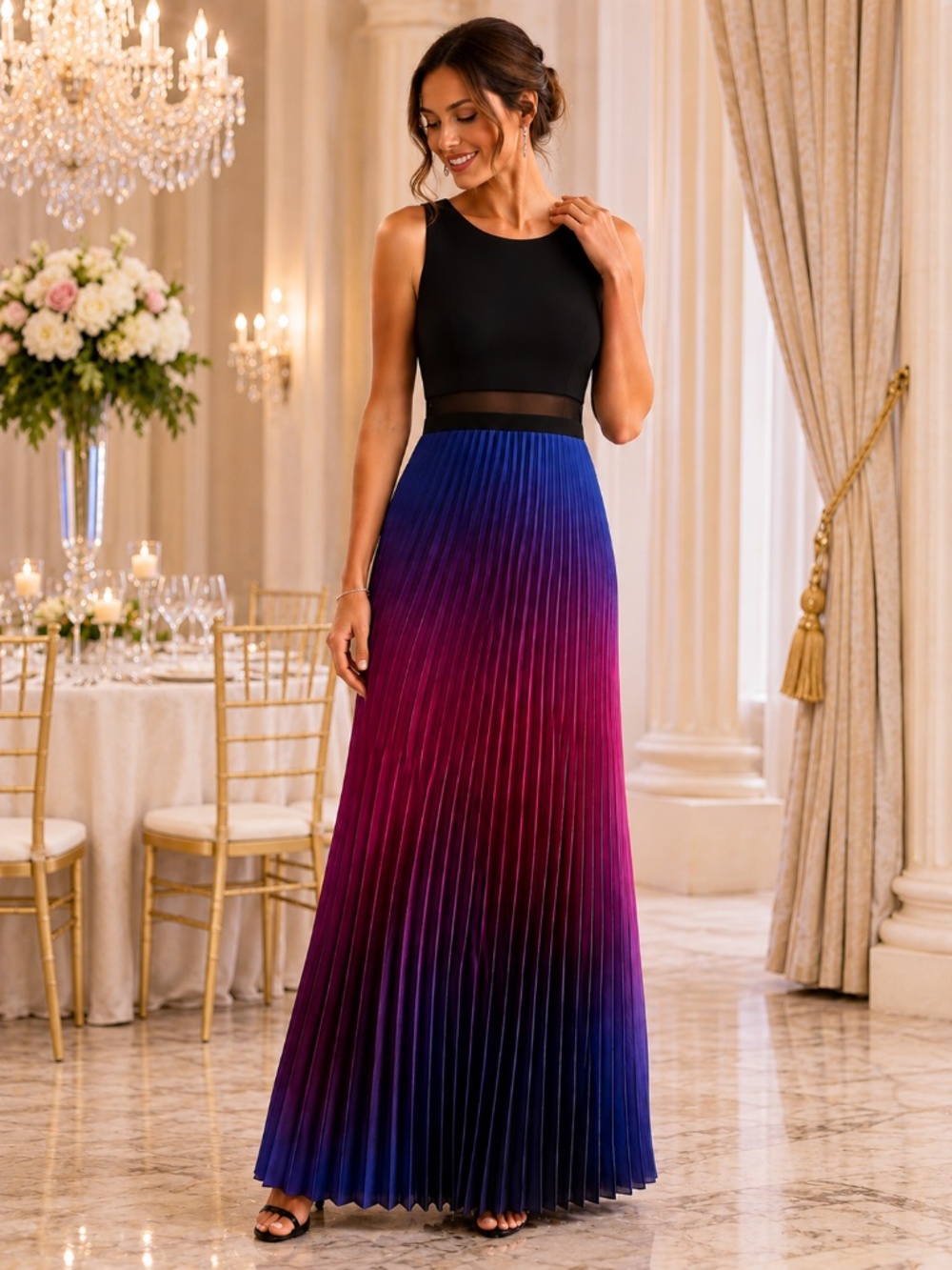 Betsy & Adam Ombré Pleated Maxi Gown Blue Purple Magenta Size 4